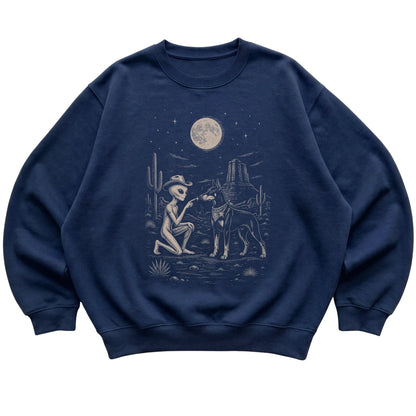 Navy crewneck sweatshirt featuring Doberman Cowboy and Alien, laid-flat presentation
