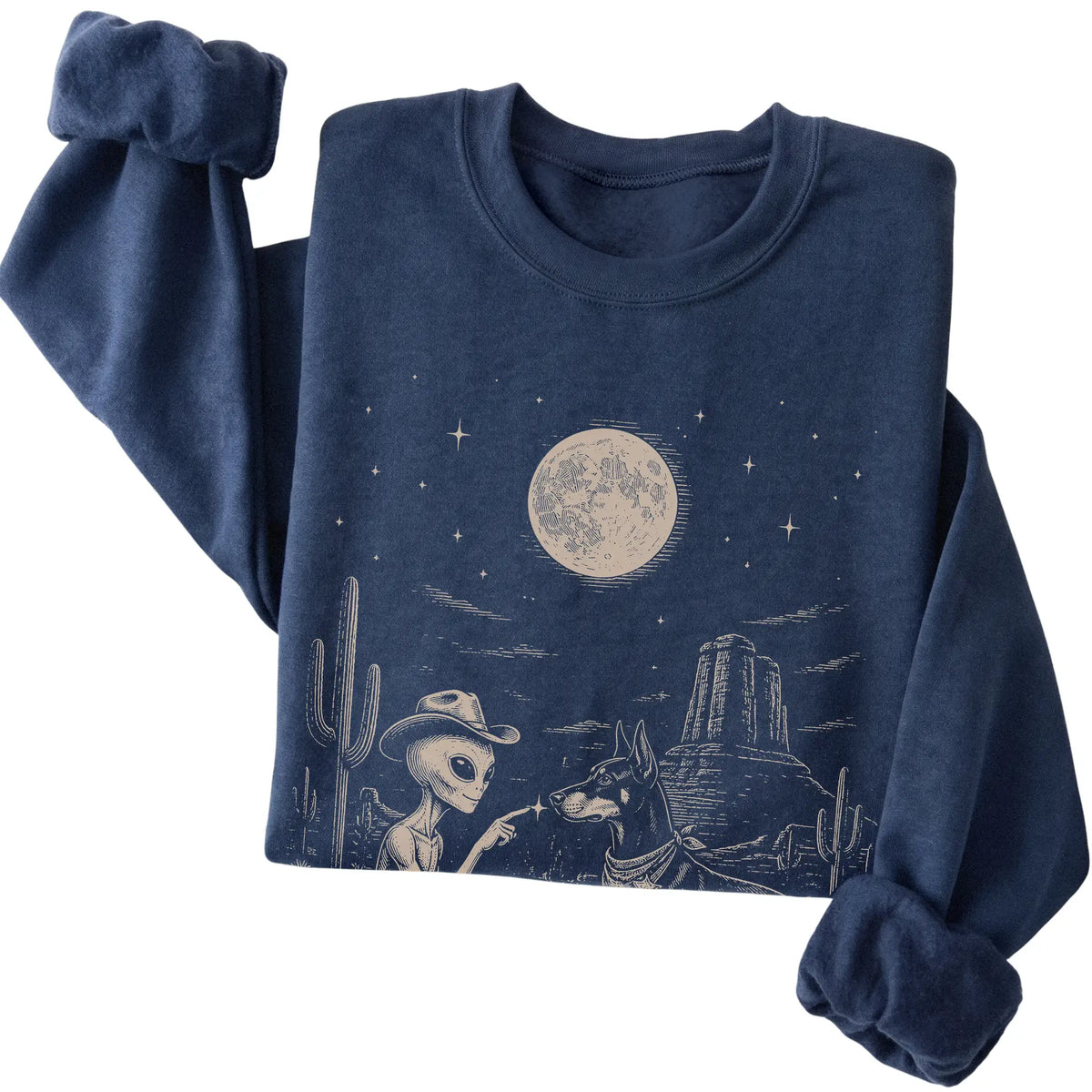 Navy crewneck sweatshirt featuring Doberman Cowboy and Alien, folded presentation