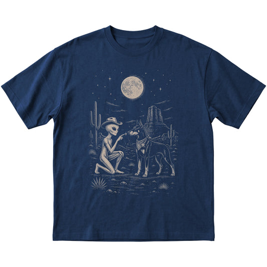 Navy T-shirt featuring Doberman Cowboy and Alien, laid-flat presentation