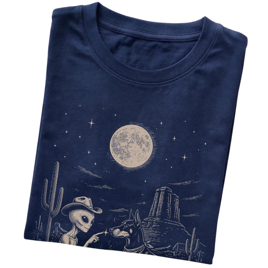 Navy T-shirt featuring Doberman Cowboy and Alien, folded presentation