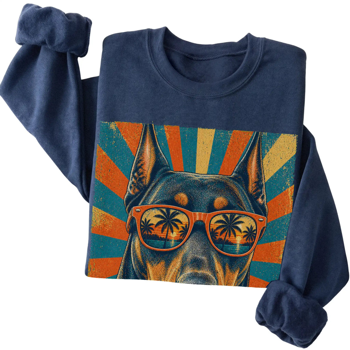 Folded Navy crewneck sweatshirt with a Retro Doberman Dad design