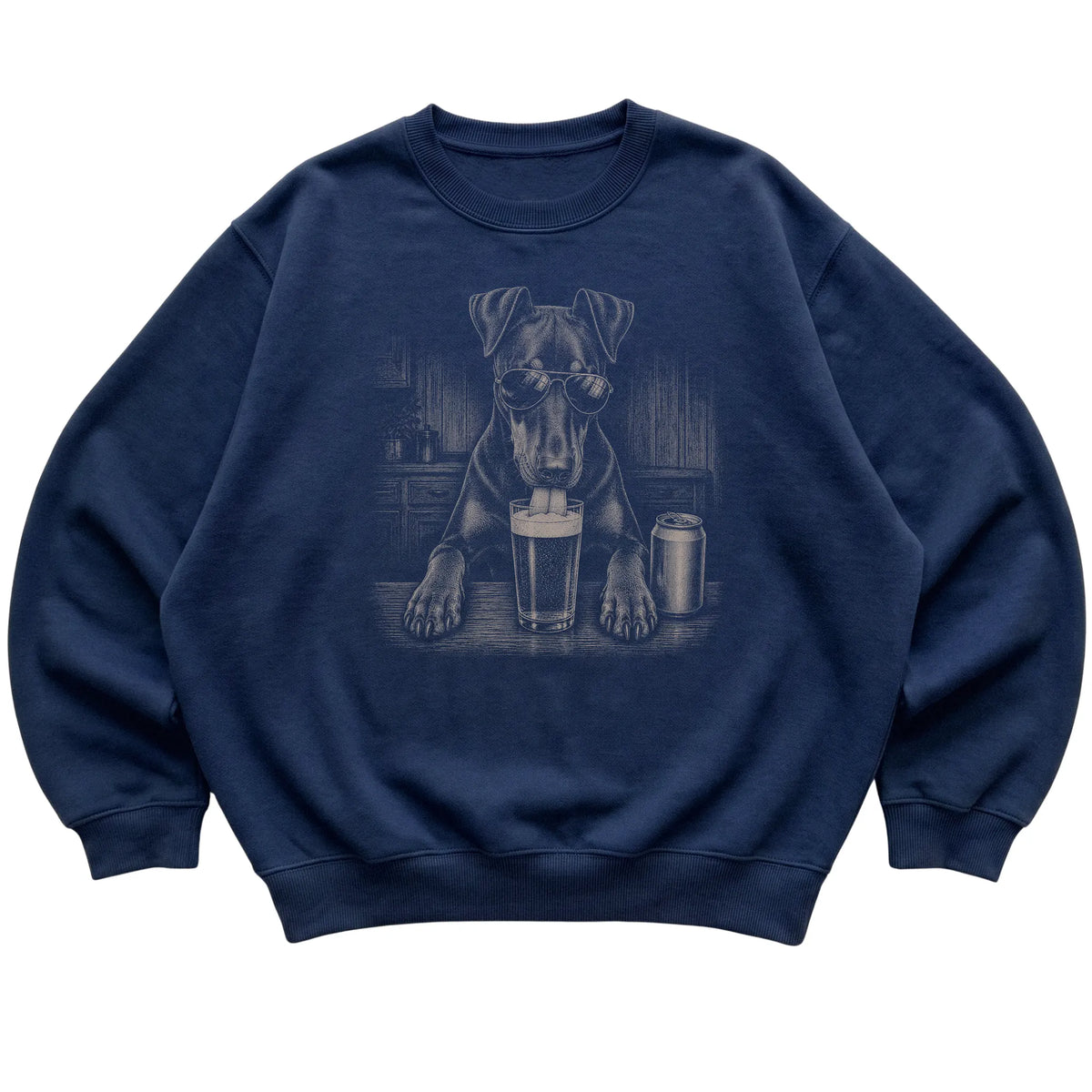 Navy Doberman drinking from a pint at a bar, laid flat