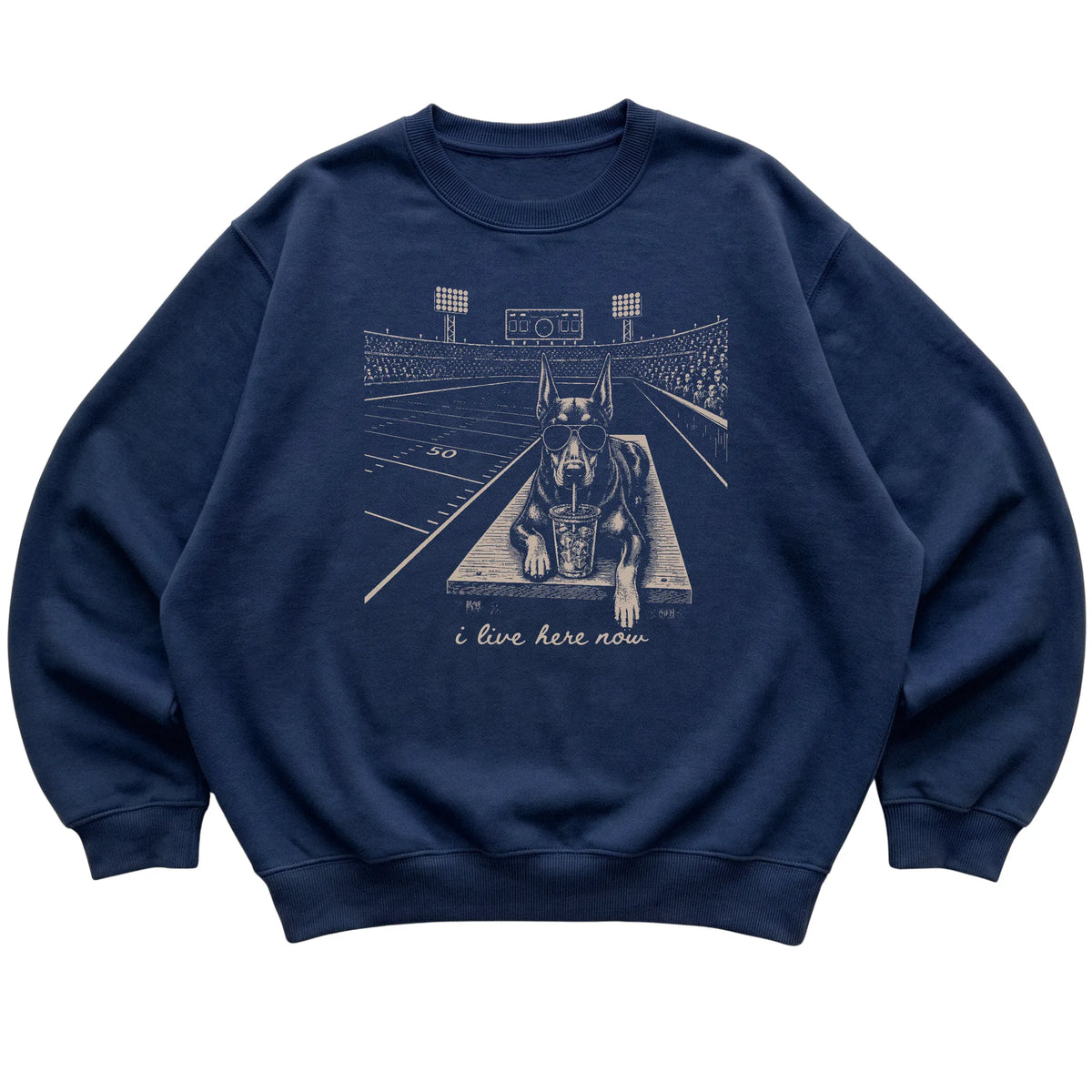 Navy Doberman Football Tailgate sweatshirt, laid flat