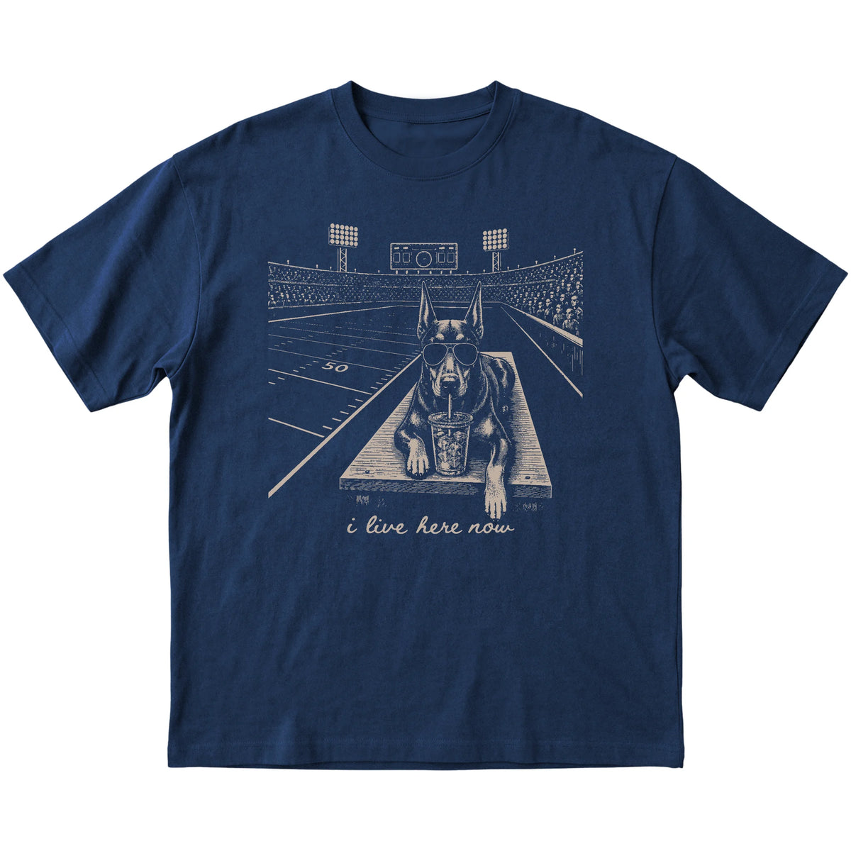 Navy Doberman Football Tailgate T-shirt, laid flat