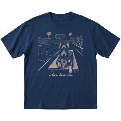 Navy Doberman Football Tailgate T-shirt, laid flat