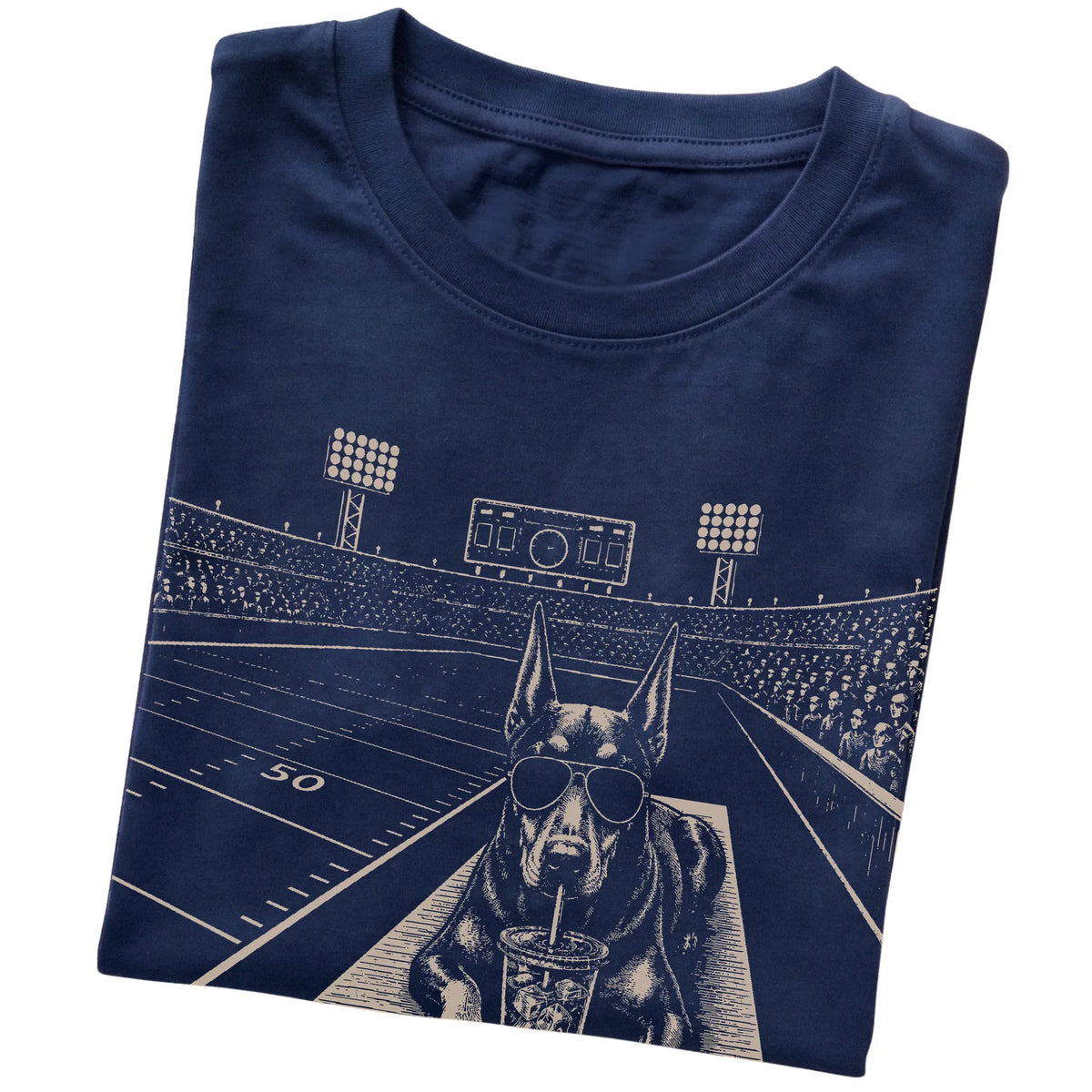 Navy Doberman Football Tailgate T-shirt, folded