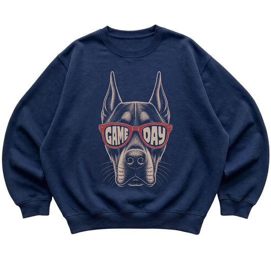 Navy Doberman Game Day Sunglasses sweatshirt, laid flat