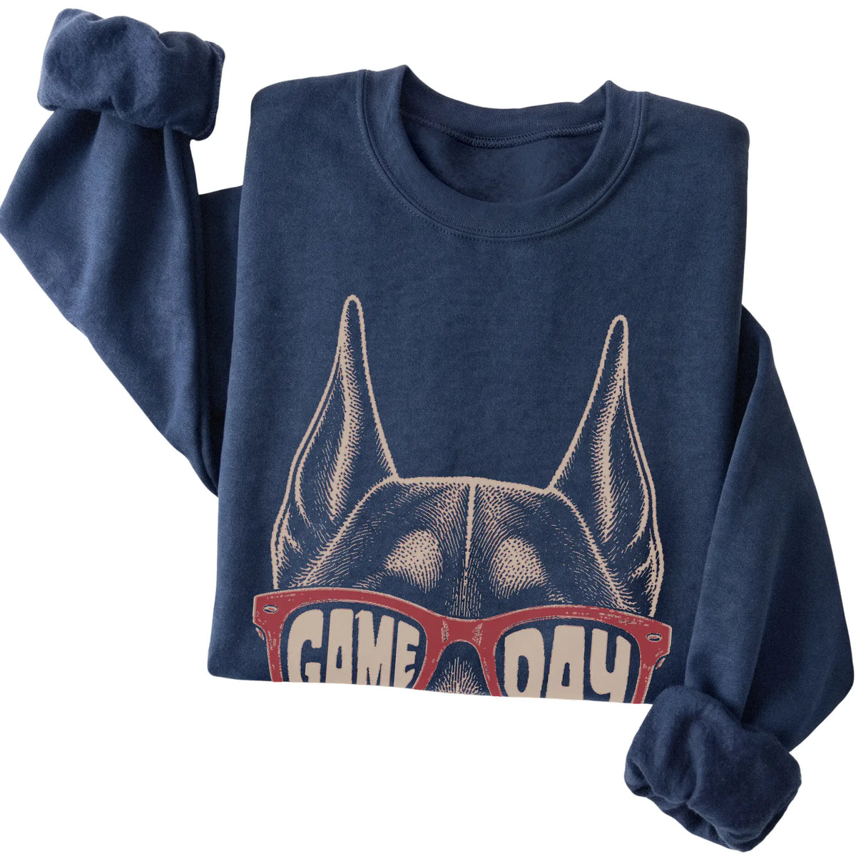 Navy Doberman Game Day Sunglasses sweatshirt, folded