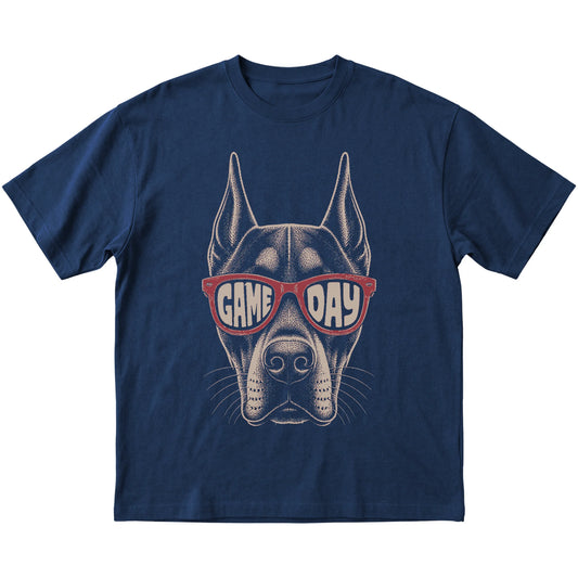 Navy Doberman Game Day Sunglasses T-shirt, laid flat