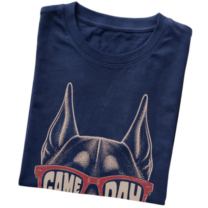 Navy Doberman Game Day Sunglasses T-shirt, folded