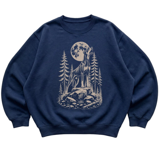 Close view of Doberman Howling at the Moon artwork on Navy crewneck sweatshirt