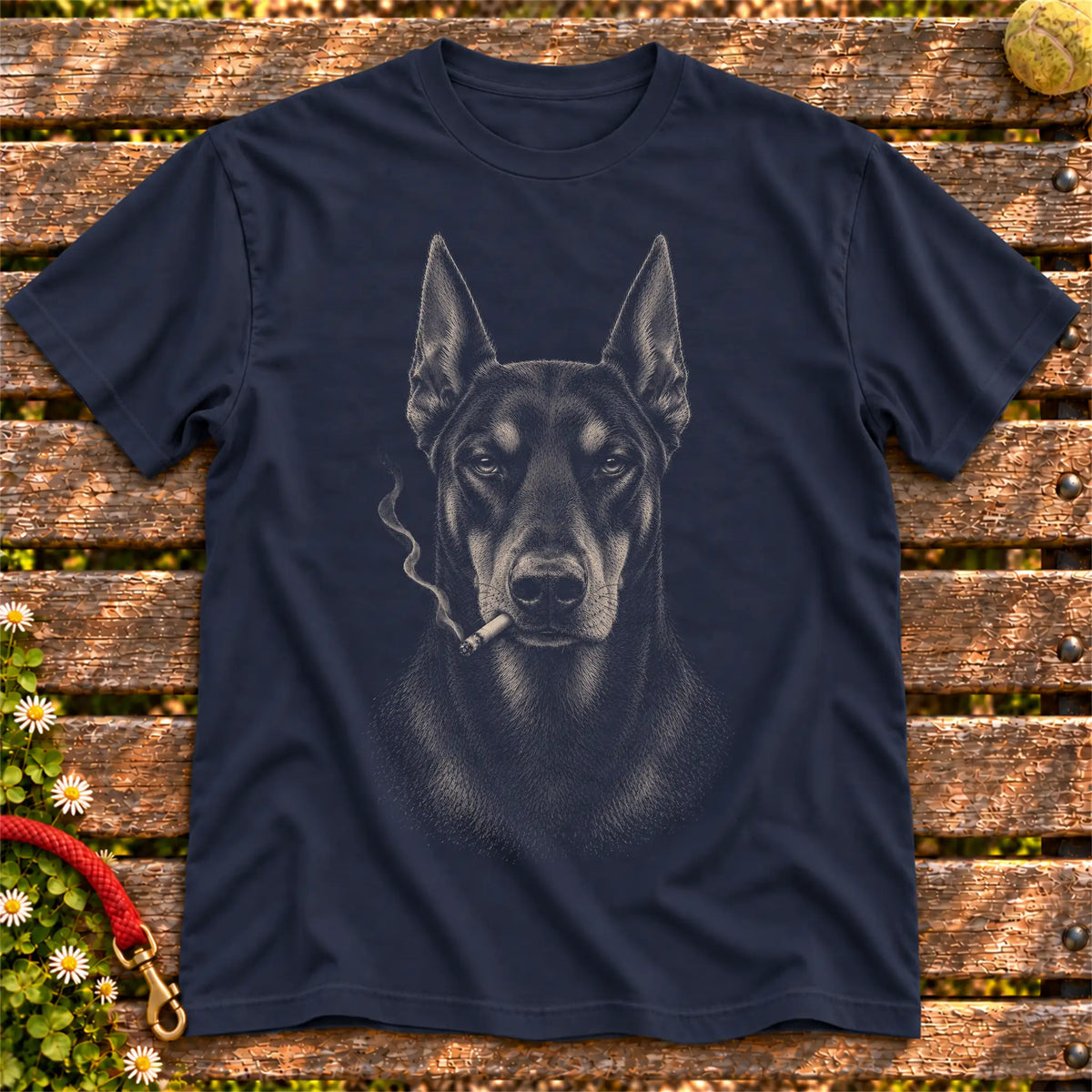 Doberman smoking design on a Navy t-shirt