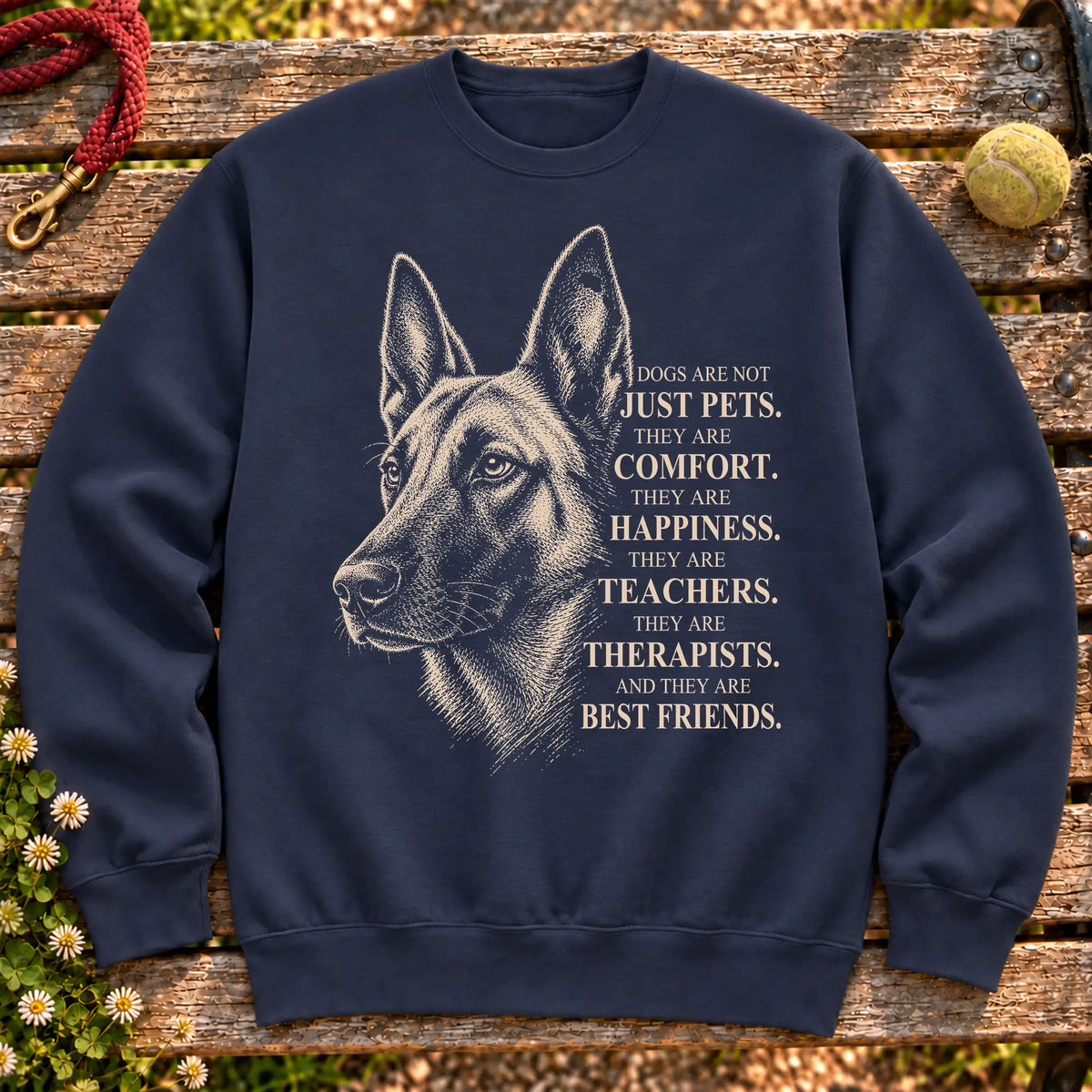 Dogs Are Not Just Pets Belgian Malinois text design on a Navy crewneck sweatshirt