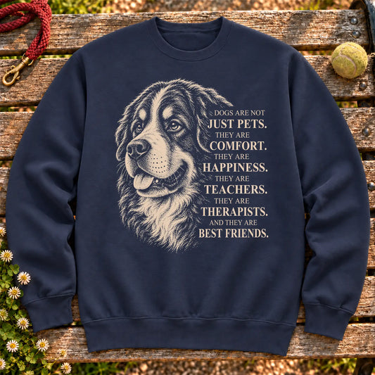 Dogs Are Not Just Pets Bernese Mountain Dog text design on a Navy crewneck sweatshirt