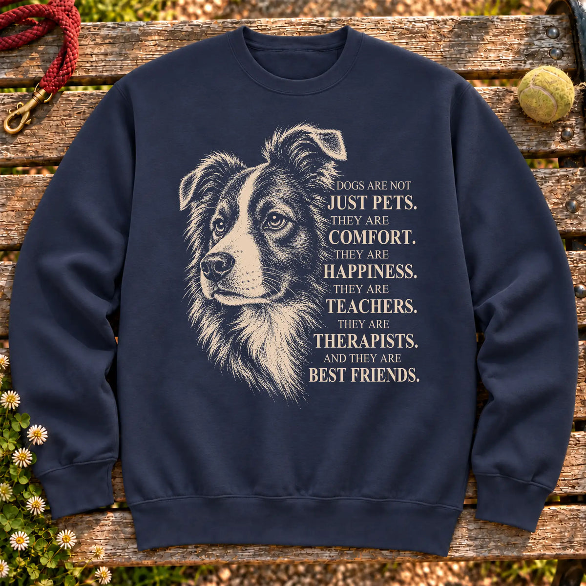 Dogs Are Not Just Pets Border Collie text design on a Navy crewneck sweatshirt