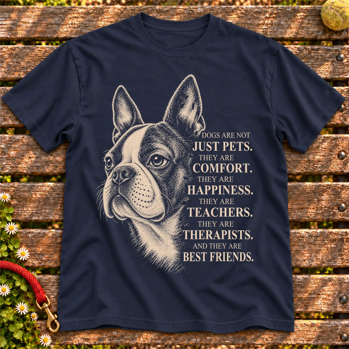 Dogs Are Not Just Pets Boston Terrier text design on a Navy softstyle T-shirt