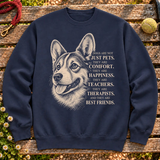 Dogs Are Not Just Pets Corgi text design on a Navy crewneck sweatshirt