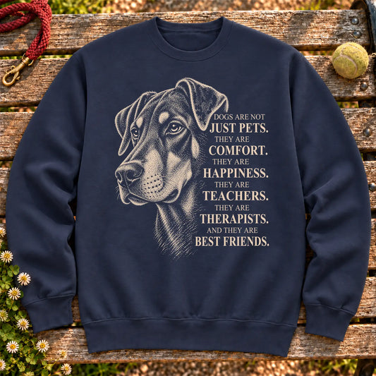 Dogs Are Not Just Pets Doberman text design on a Navy crewneck sweatshirt