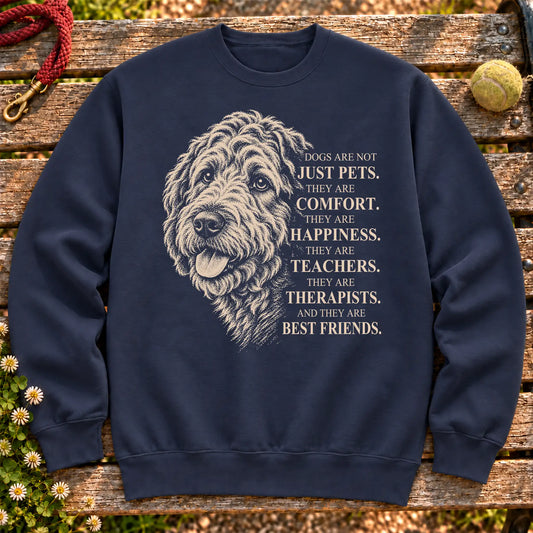 Dogs Are Not Just Pets Labradoodle text design on a Navy crewneck sweatshirt