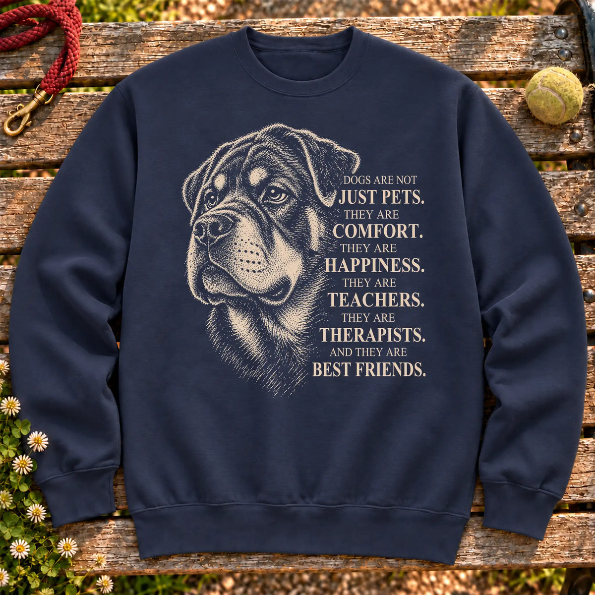 Dogs Are Not Just Pets Rottweiler text design on a Navy crewneck sweatshirt