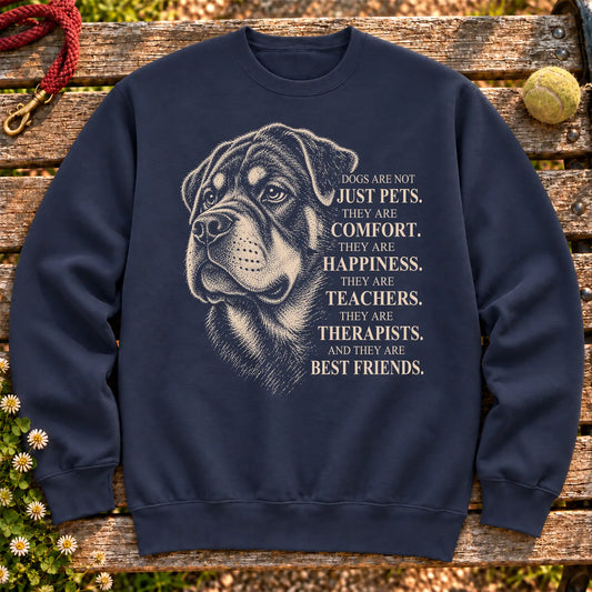 Dogs Are Not Just Pets Rottweiler text design on a Navy crewneck sweatshirt