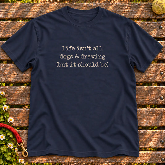 Dogs & Drawing design on a Navy T-shirt, shown flat