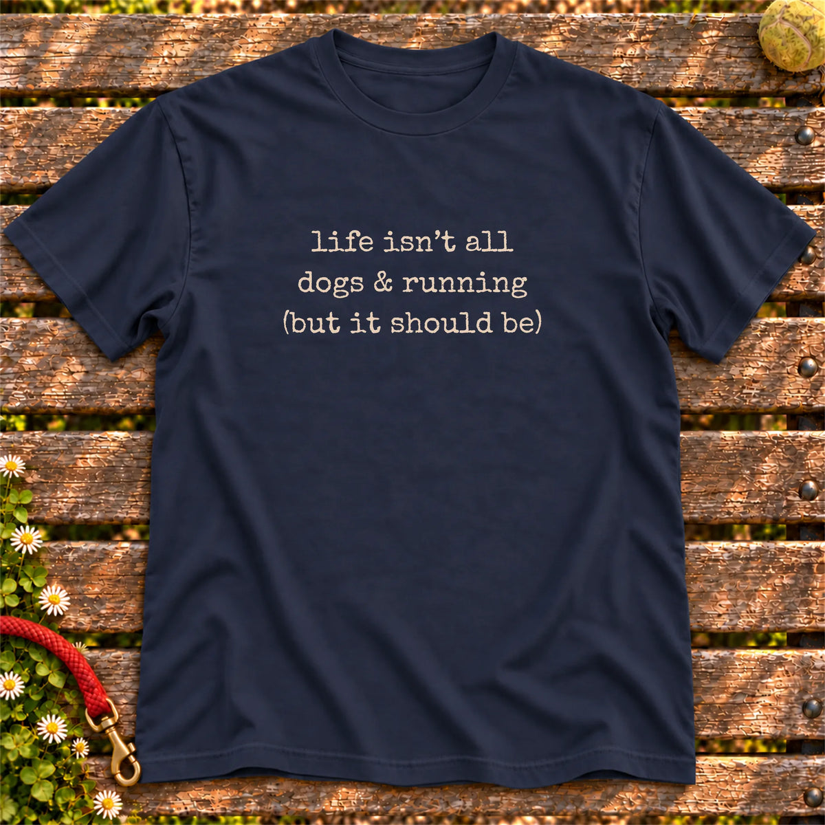 Dogs & Running design on a Navy T-shirt, shown flat