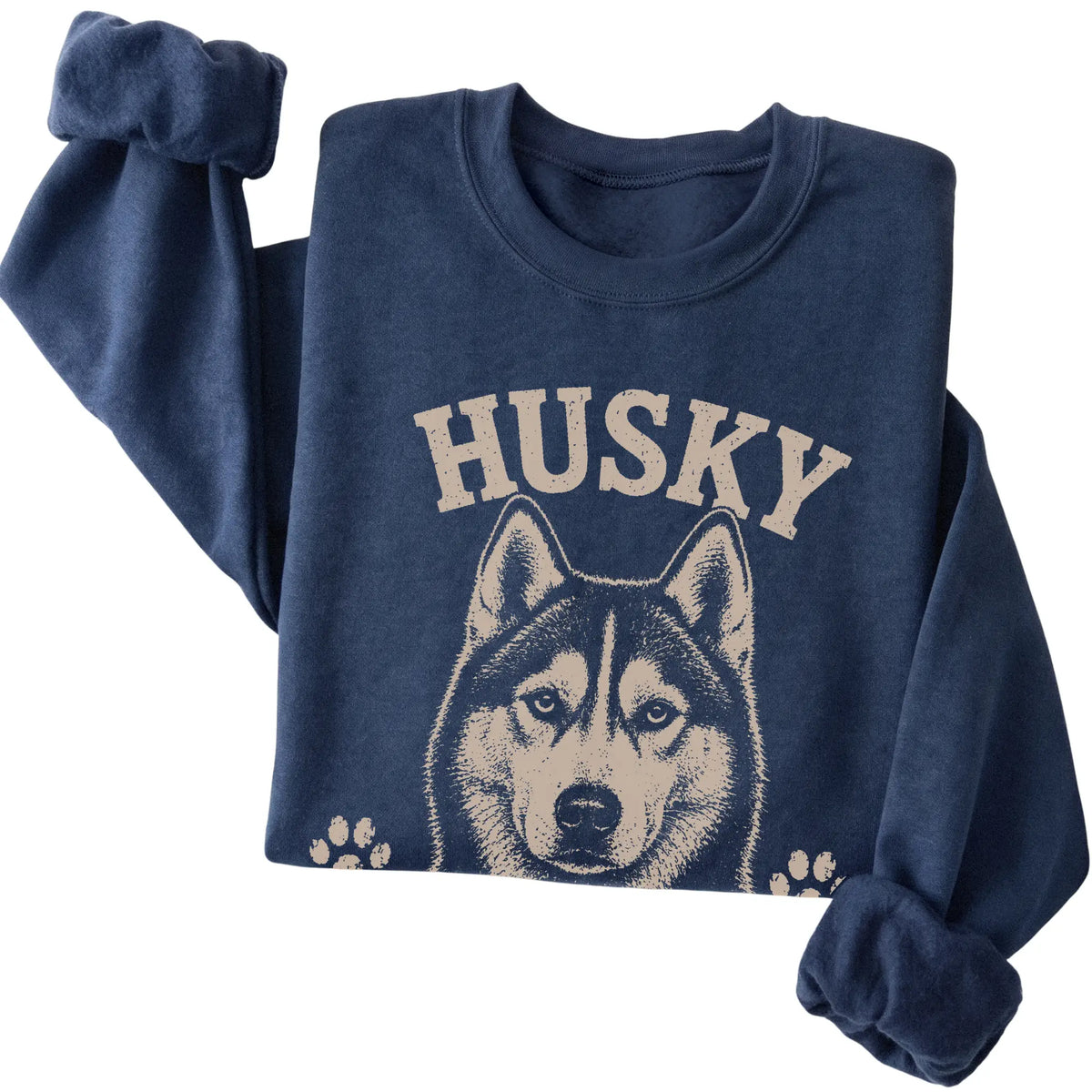 Navy crewneck sweatshirt featuring Dramatic, Vocal & Never Wrong - Husky, folded presentation