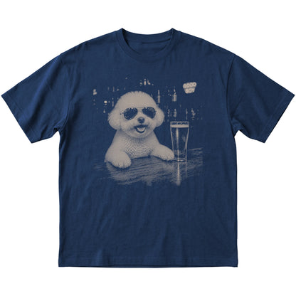 Navy Bichon Frise at a bar beside a pint, laid flat