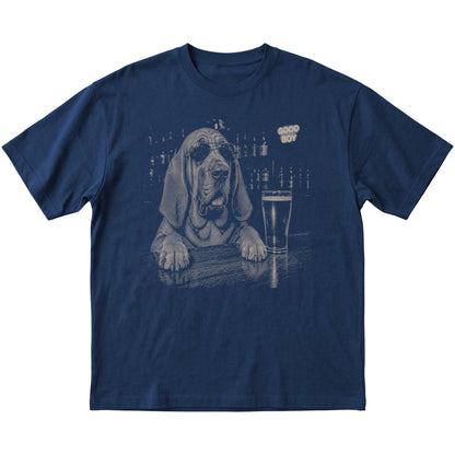 Navy Bloodhound at a bar beside a pint, laid flat