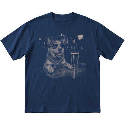 Navy Blue Heeler at a bar beside a pint, laid flat