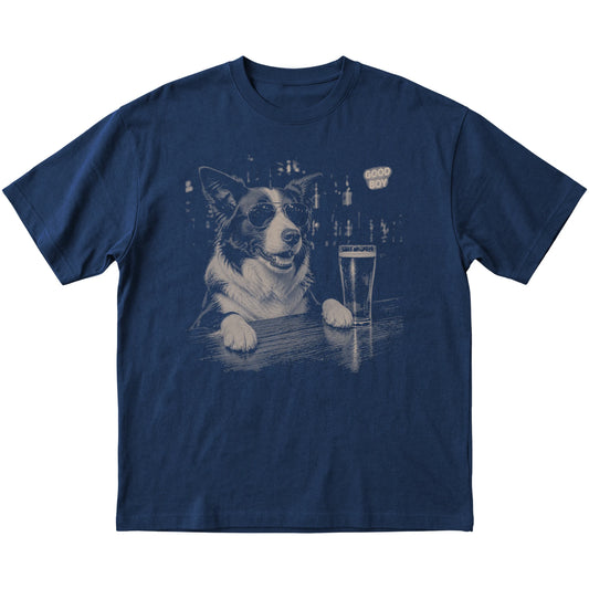 Navy Border Collie at a bar beside a pint, laid flat