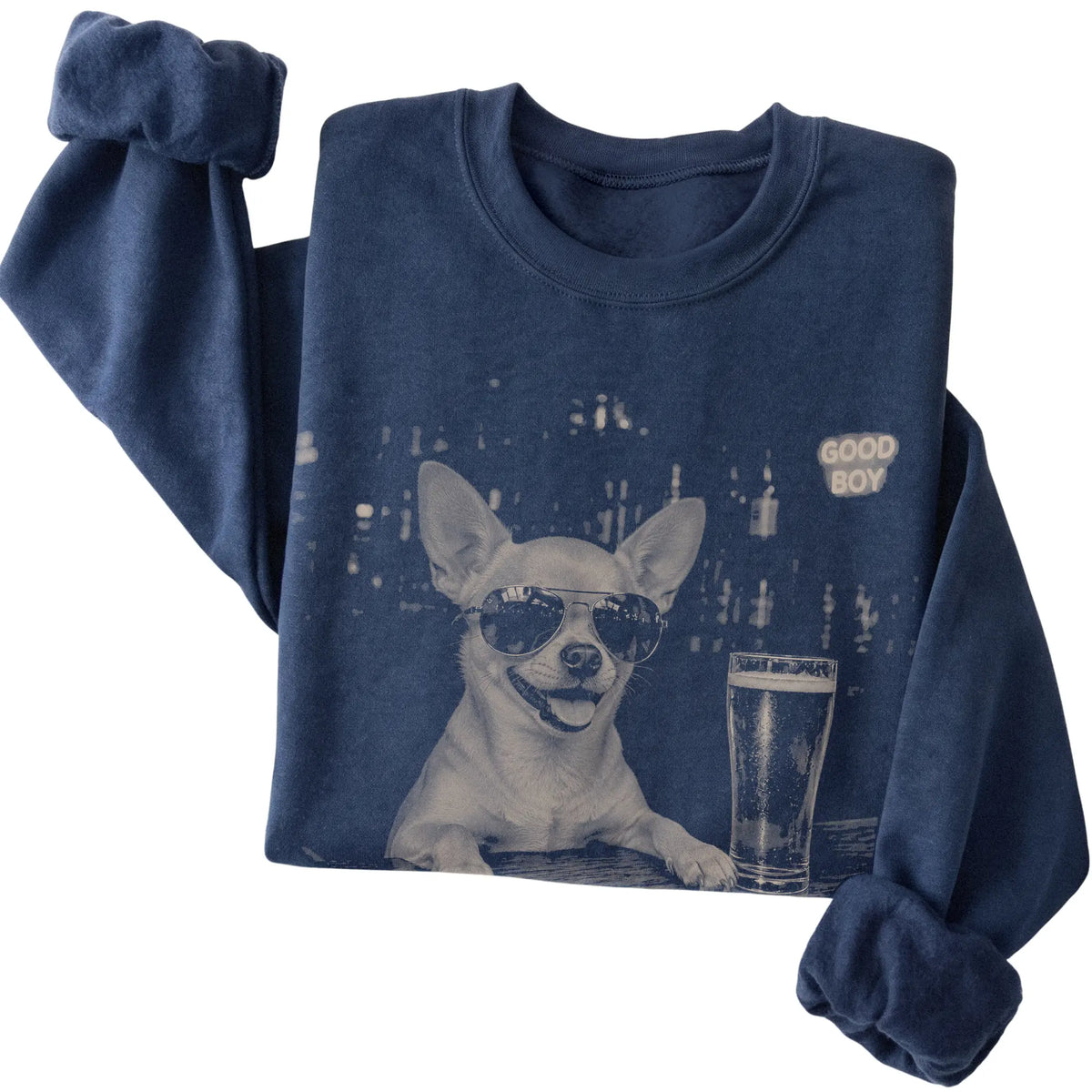Navy Chihuahua at a bar beside a pint, folded detail view