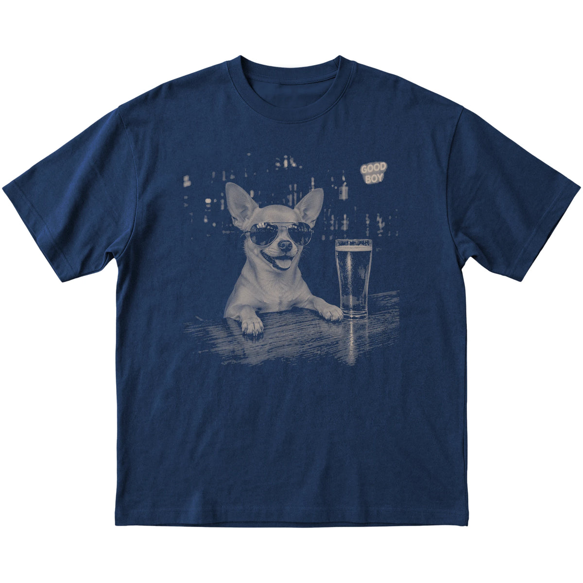 Navy Chihuahua at a bar beside a pint, laid flat
