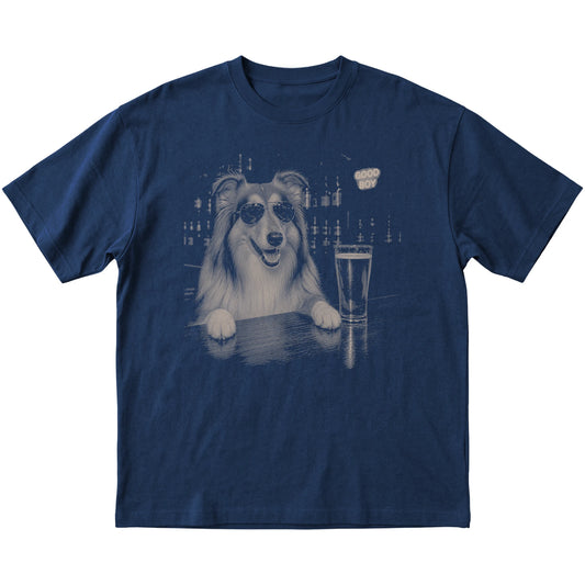 Navy Collie at a bar beside a pint, laid flat