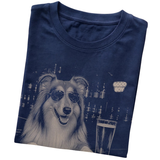 Navy Collie at a bar beside a pint, folded detail view