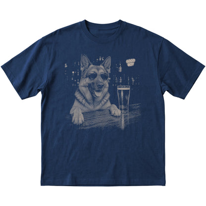 Navy German Shepherd at a bar beside a pint, laid flat