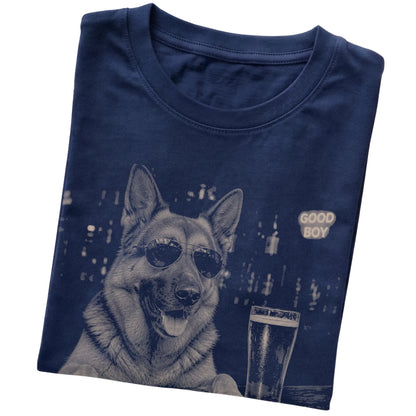 Navy German Shepherd at a bar beside a pint, folded detail view