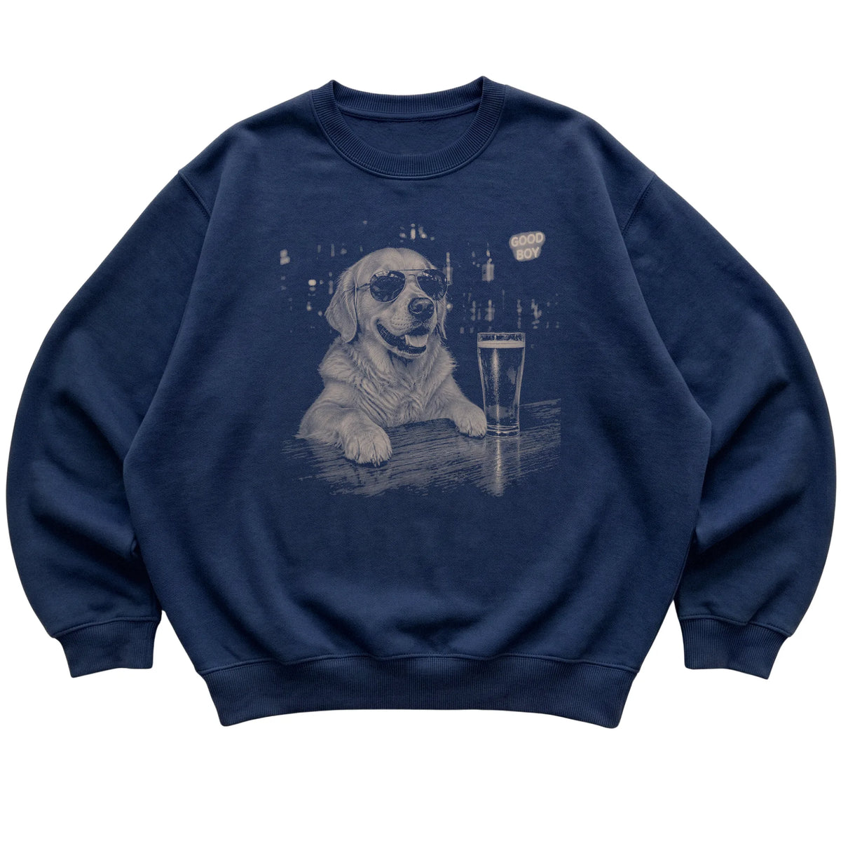 Navy Golden Retriever at a bar beside a pint, laid flat