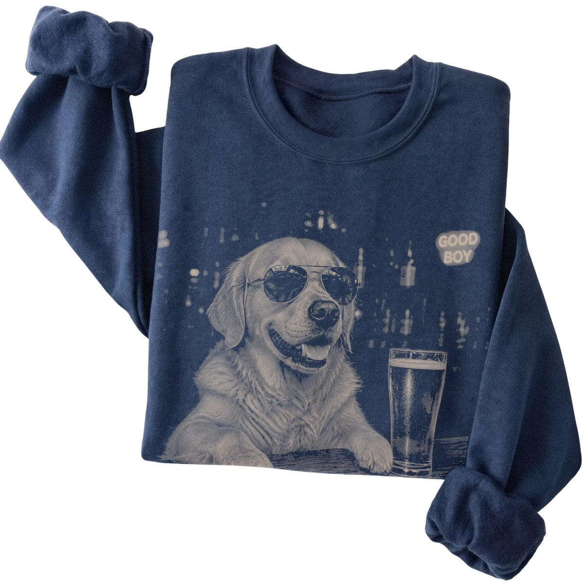 Navy Golden Retriever at a bar beside a pint, folded detail view