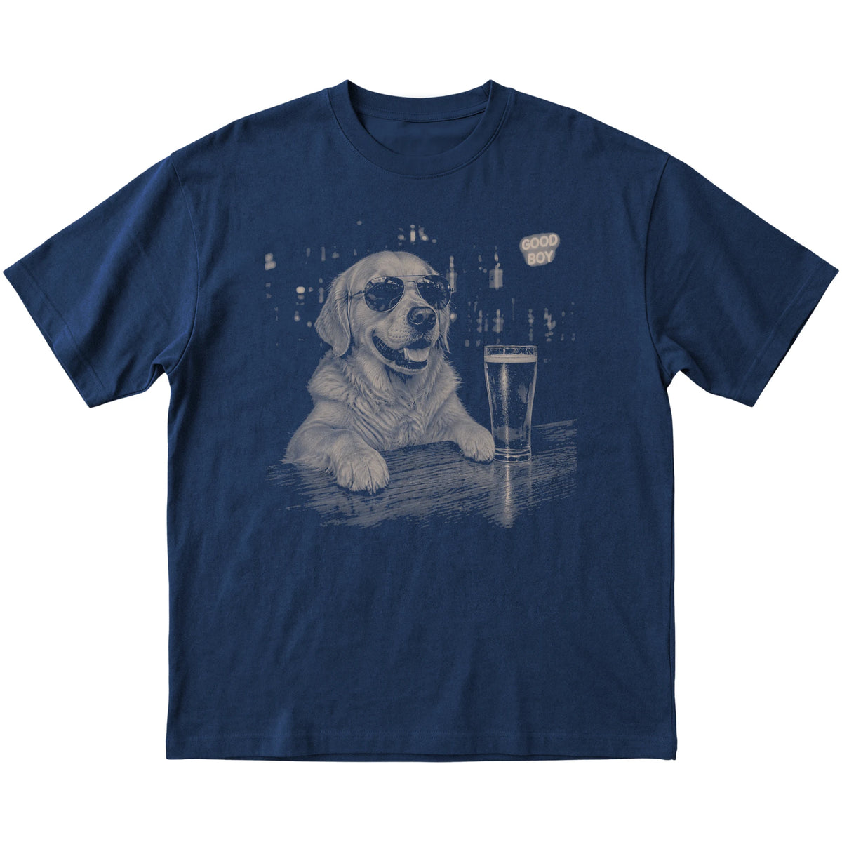 Navy Golden Retriever at a bar beside a pint, laid flat