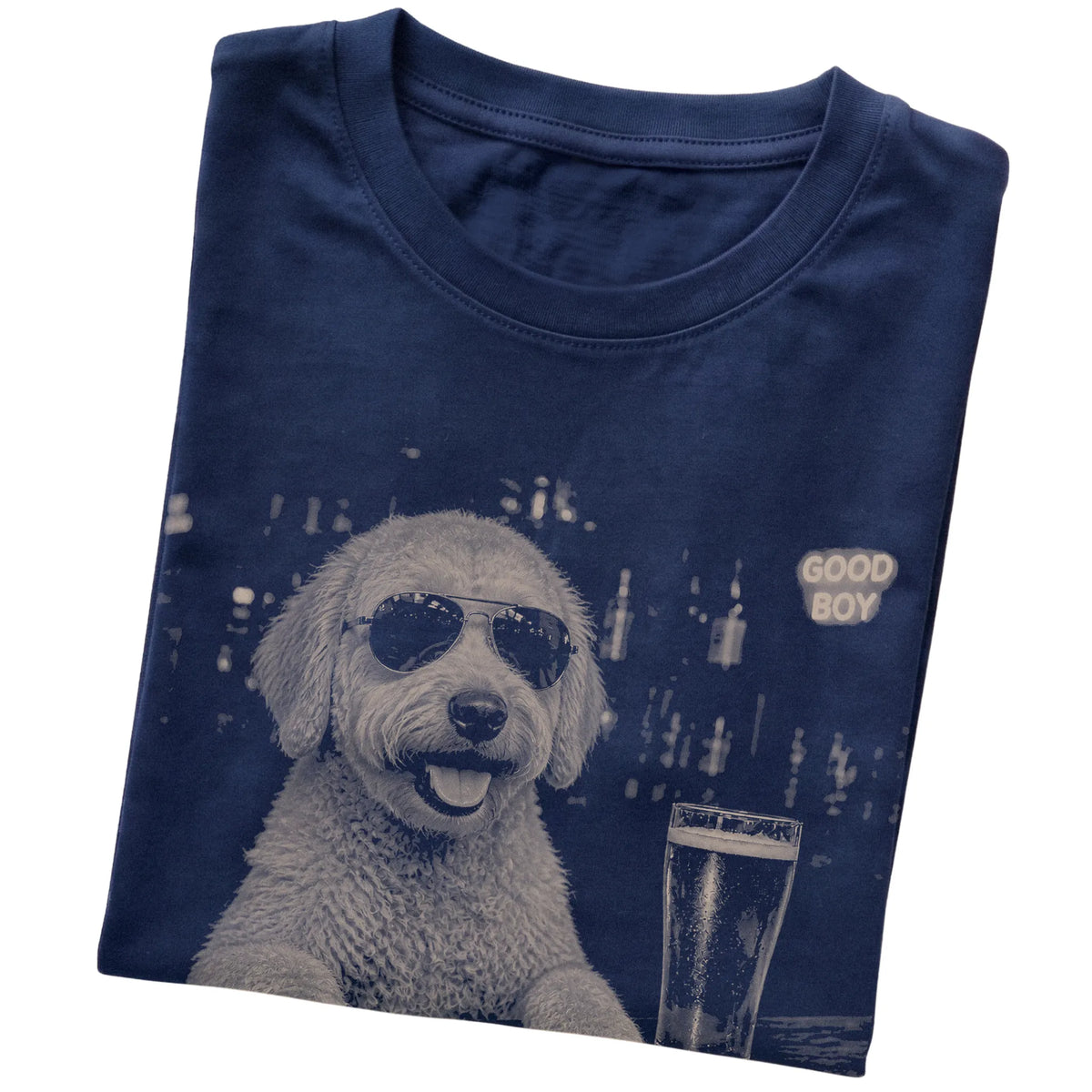 Navy Goldendoodle at a bar beside a pint, folded detail view