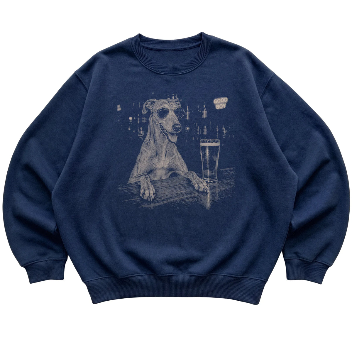 Navy Greyhound at a bar beside a pint, laid flat