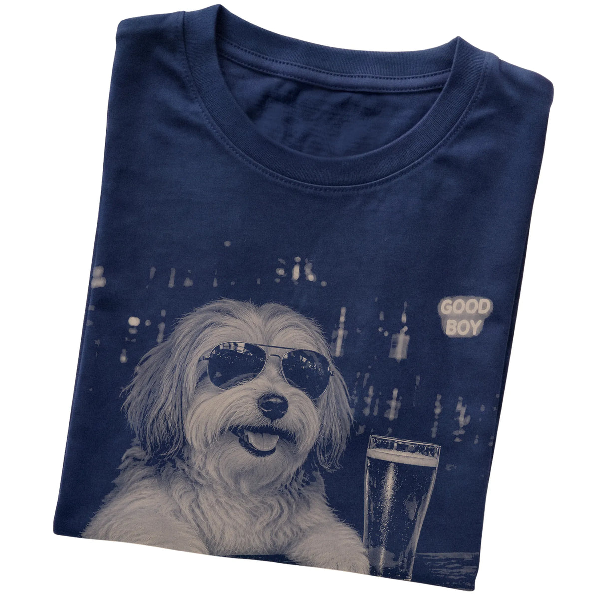 Navy Havanese at a bar beside a pint, folded detail view