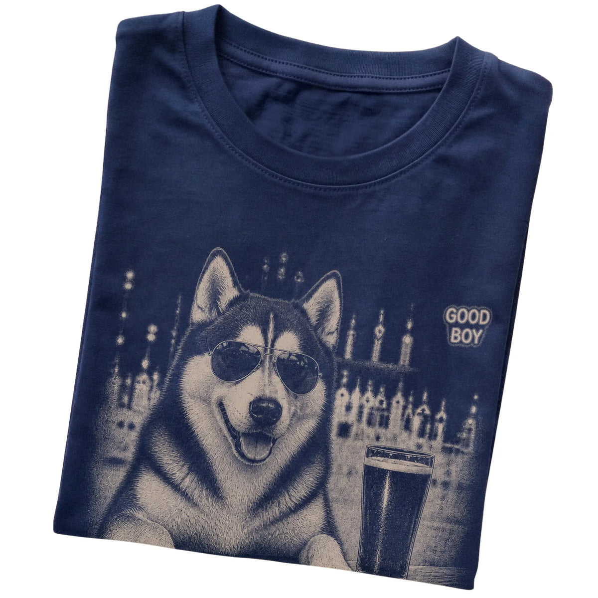 Navy Husky at a bar beside a pint, folded detail view