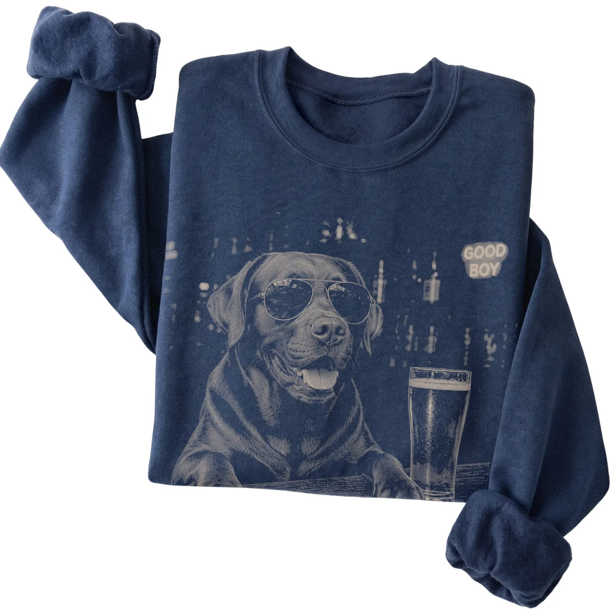 Navy Labrador Retriever at a bar beside a pint, folded detail view