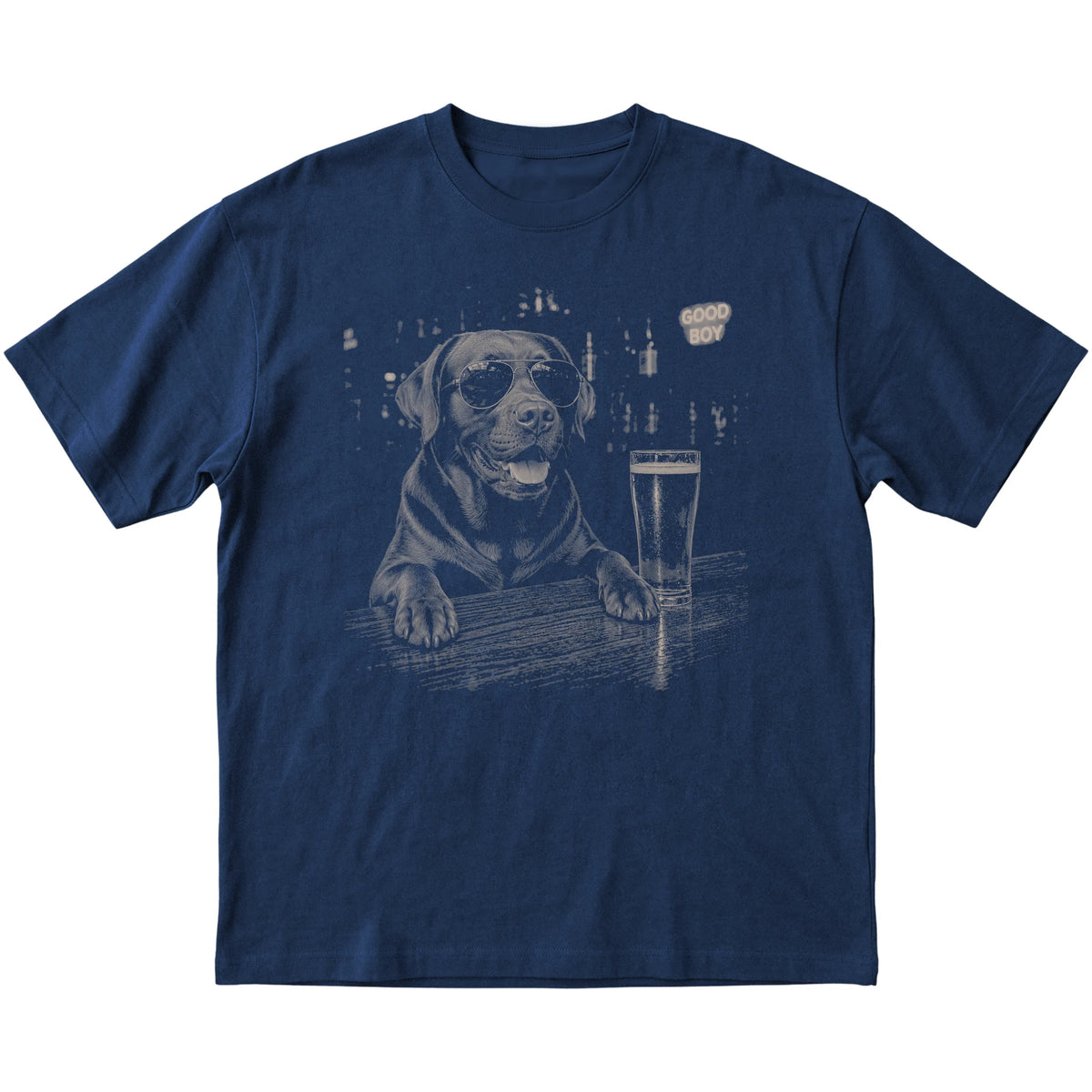 Navy Labrador Retriever at a bar beside a pint, laid flat