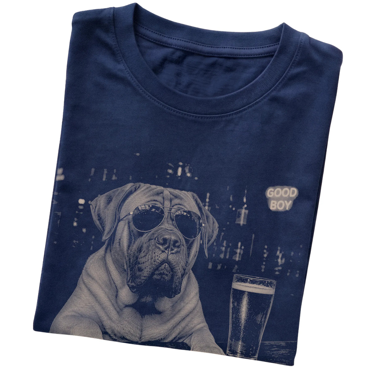 Navy Mastiff at a bar beside a pint, folded detail view