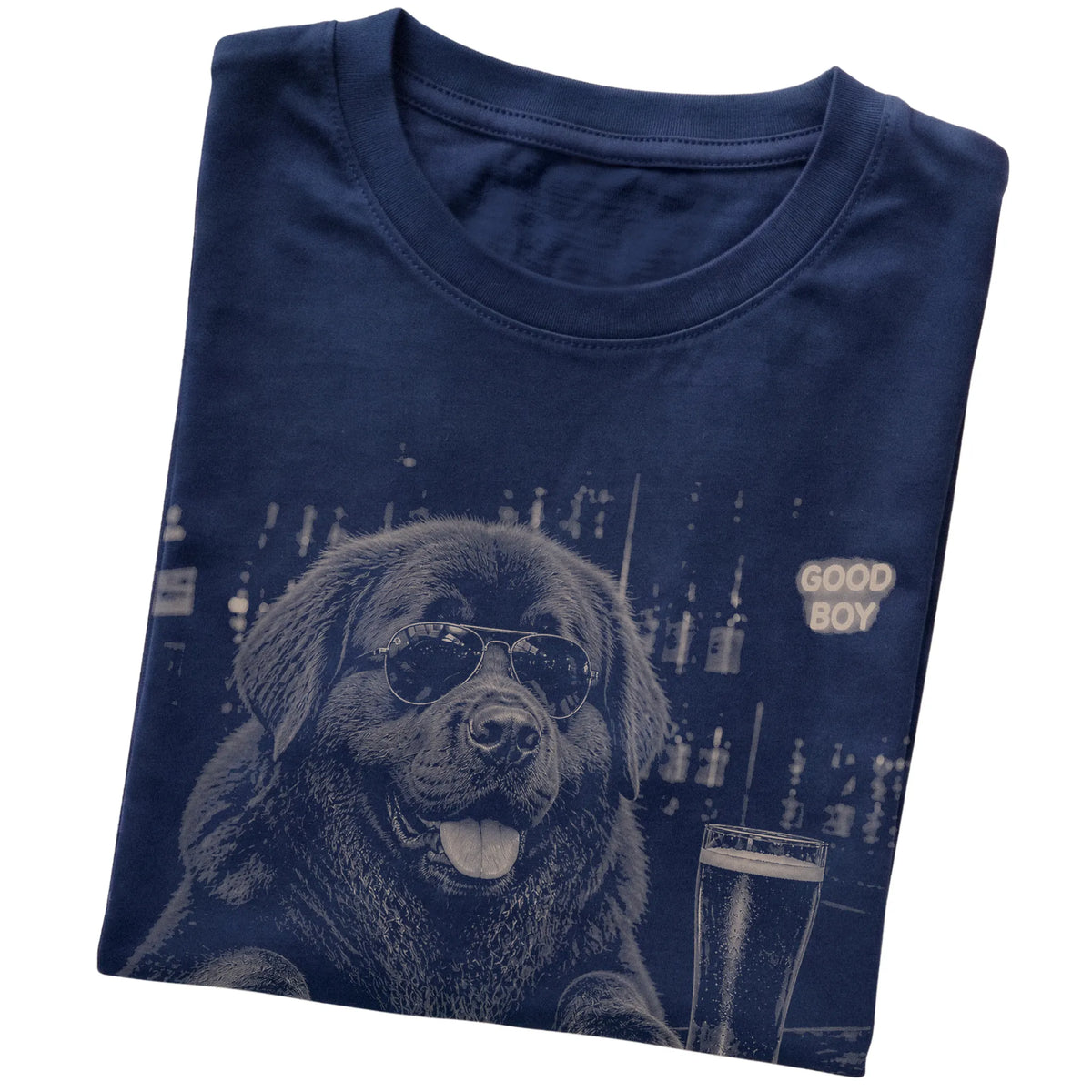 Navy Newfie at a bar beside a pint, folded detail view