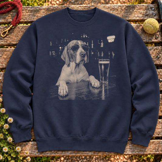 Pointer Drinking Beer on a Navy crewneck sweatshirt, shown flat